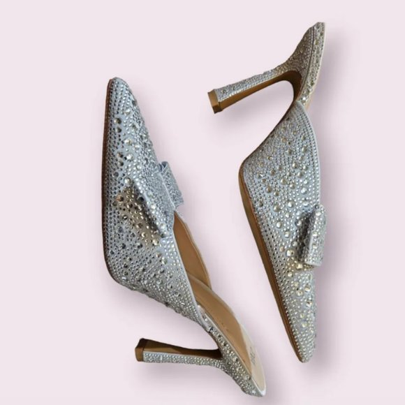 NWOT Sequin Glitter Bow Heeled Mules | Silver Mules | Glitter Mules - Picture 8 of 10